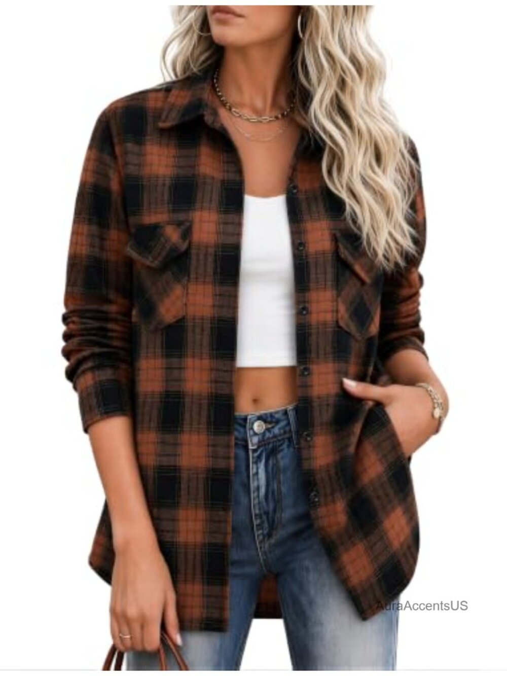 Women's Plaid Flannel Shacket Button Down Long Sleeve Fall Top
